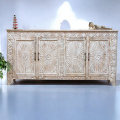 Handmade Carved Indian Mango Wood 4 Doors Sideboard 180x40x90cm Whitewash Handmade Carved Indian Mango Wood 4 Doors Sideboard 180x40x90cm Whitewash