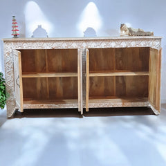 Handmade Carved Indian Mango Wood 4 Doors Sideboard 180x40x90cm Whitewash Handmade Carved Indian Mango Wood 4 Doors Sideboard 180x40x90cm Whitewash