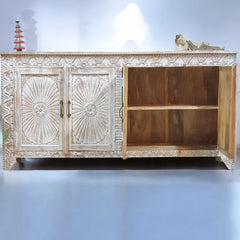 Handmade Carved Indian Mango Wood 4 Doors Sideboard 180x40x90cm Whitewash Handmade Carved Indian Mango Wood 4 Doors Sideboard 180x40x90cm Whitewash