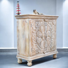 Indian Hand Carved Solid Wooden Cabinet 90x40x90cm Whitewash 02 Indian Hand Carved Solid Wooden Cabinet 90x40x90cm Whitewash 02