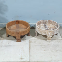 Hand Carved Solid Wood Chakki Grinder Coffee Table 31X31X16 CM Whitewash Hand Carved Solid Wood Chakki Grinder Coffee Table 31X31X16 CM Whitewash