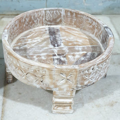 Hand Carved Solid Wood Chakki Grinder Coffee Table 31X31X16 CM Whitewash Hand Carved Solid Wood Chakki Grinder Coffee Table 31X31X16 CM Whitewash