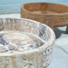 Hand Carved Solid Wood Chakki Grinder Coffee Table 31X31X16 CM Whitewash Hand Carved Solid Wood Chakki Grinder Coffee Table 31X31X16 CM Whitewash