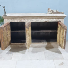 Indian Handmade Carved Solid Wood 3 Door Whitewash Frame With Natural Doors Sideboard Indian Handmade Carved Solid Wood 3 Door Whitewash Frame With Natural Doors Sideboard