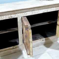 Indian Handmade Carved Solid Wood 3 Door Whitewash Frame With Natural Doors Sideboard Indian Handmade Carved Solid Wood 3 Door Whitewash Frame With Natural Doors Sideboard