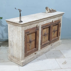 Indian Handmade Carved Solid Wood 3 Door Whitewash Frame With Natural Doors Sideboard Indian Handmade Carved Solid Wood 3 Door Whitewash Frame With Natural Doors Sideboard