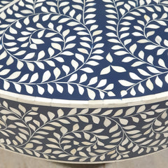 Bone Inlay Round Coffee Table With Brass Base Blue Floral Pattern Modern 100x100x40cm Bone Inlay Round Coffee Table With Brass Base Blue Floral Pattern Modern 100x100x40cm