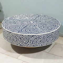 Bone Inlay Round Coffee Table With Brass Base Blue Floral Pattern Modern 100x100x40cm Bone Inlay Round Coffee Table With Brass Base Blue Floral Pattern Modern 100x100x40cm