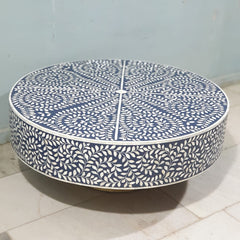 Bone Inlay Round Coffee Table With Brass Base Blue Floral Pattern Modern 100x100x40cm Bone Inlay Round Coffee Table With Brass Base Blue Floral Pattern Modern 100x100x40cm