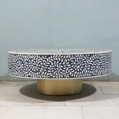 Bone Inlay Round Coffee Table With Brass Base Blue Floral Pattern Modern 100x100x40cm Bone Inlay Round Coffee Table With Brass Base Blue Floral Pattern Modern 100x100x40cm