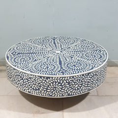 Bone Inlay Round Coffee Table With Brass Base Blue Floral Pattern Modern 100x100x40cm Bone Inlay Round Coffee Table With Brass Base Blue Floral Pattern Modern 100x100x40cm