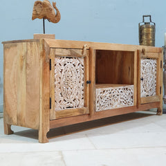 Indian Hand Carved Solid Wood Tv Unit 144X40X60 Cm Natural Indian Hand Carved Solid Wood Tv Unit 144X40X60 Cm Natural