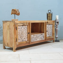 Indian Hand Carved Solid Wood Tv Unit 144X40X60 Cm Natural Indian Hand Carved Solid Wood Tv Unit 144X40X60 Cm Natural