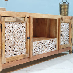 Indian Hand Carved Solid Wood Tv Unit 144X40X60 Cm Natural Indian Hand Carved Solid Wood Tv Unit 144X40X60 Cm Natural