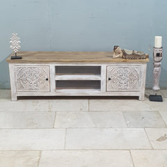 Indian Hand Carved Solid Hard Wood TV Unit with 2 Doors And Shelf Whitewash Indian Hand Carved Solid Hard Wood TV Unit with 2 Doors And Shelf Whitewash
