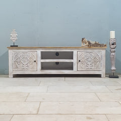 Indian Hand Carved Solid Hard Wood TV Unit with 2 Doors And Shelf Whitewash Indian Hand Carved Solid Hard Wood TV Unit with 2 Doors And Shelf Whitewash