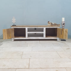 Indian Hand Carved Solid Hard Wood TV Unit with 2 Doors And Shelf Whitewash Indian Hand Carved Solid Hard Wood TV Unit with 2 Doors And Shelf Whitewash