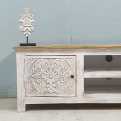 Indian Hand Carved Solid Hard Wood TV Unit with 2 Doors And Shelf Whitewash Indian Hand Carved Solid Hard Wood TV Unit with 2 Doors And Shelf Whitewash