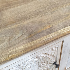Indian Hand Carved Solid Hard Wood TV Unit with 2 Doors And Shelf Whitewash Indian Hand Carved Solid Hard Wood TV Unit with 2 Doors And Shelf Whitewash