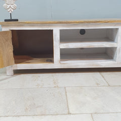 Indian Hand Carved Solid Hard Wood TV Unit with 2 Doors And Shelf Whitewash Indian Hand Carved Solid Hard Wood TV Unit with 2 Doors And Shelf Whitewash