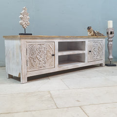 Indian Hand Carved Solid Hard Wood TV Unit with 2 Doors And Shelf Whitewash Indian Hand Carved Solid Hard Wood TV Unit with 2 Doors And Shelf Whitewash