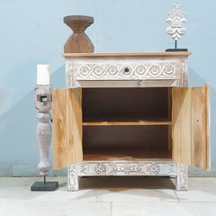 Antique Indian Floral Hand Carved Solid Wooden Cabinet Whitewash Antique Indian Floral Hand Carved Solid Wooden Cabinet Whitewash