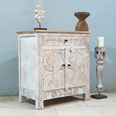 Antique Indian Floral Hand Carved Solid Wooden Cabinet Whitewash Antique Indian Floral Hand Carved Solid Wooden Cabinet Whitewash