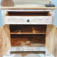 Antique Indian Floral Hand Carved Solid Wooden Cabinet Whitewash Antique Indian Floral Hand Carved Solid Wooden Cabinet Whitewash