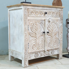 Antique Indian Floral Hand Carved Solid Wooden Cabinet Whitewash Antique Indian Floral Hand Carved Solid Wooden Cabinet Whitewash