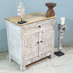 Antique Indian Floral Hand Carved Solid Wooden Cabinet Whitewash Antique Indian Floral Hand Carved Solid Wooden Cabinet Whitewash