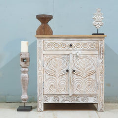 Antique Indian Floral Hand Carved Solid Wooden Cabinet Whitewash Antique Indian Floral Hand Carved Solid Wooden Cabinet Whitewash
