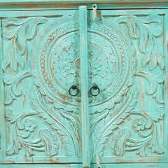 Indian Style Carved Solid Wood Cabinet Buffet Turquoise Indian Style Carved Solid Wood Cabinet Buffet Turquoise