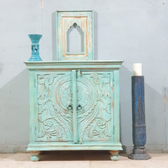 Indian Style Carved Solid Wood Cabinet Buffet Turquoise Indian Style Carved Solid Wood Cabinet Buffet Turquoise