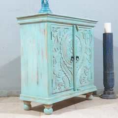 Indian Style Carved Solid Wood Cabinet Buffet Turquoise Indian Style Carved Solid Wood Cabinet Buffet Turquoise