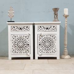 Indian Hand Carved Solid Wooden Bedside Table (Set Of 2) White Indian Hand Carved Solid Wooden Bedside Table (Set Of 2) White