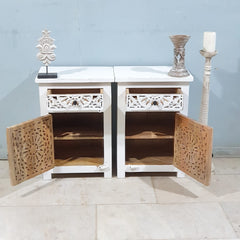 Indian Hand Carved Solid Wooden Bedside Table (Set Of 2) White Indian Hand Carved Solid Wooden Bedside Table (Set Of 2) White