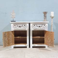 Indian Hand Carved Solid Wooden Bedside Table (Set Of 2) White Indian Hand Carved Solid Wooden Bedside Table (Set Of 2) White