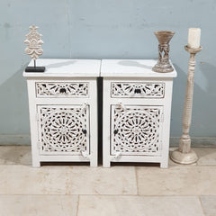 Indian Hand Carved Solid Wooden Bedside Table (Set Of 2) White Indian Hand Carved Solid Wooden Bedside Table (Set Of 2) White