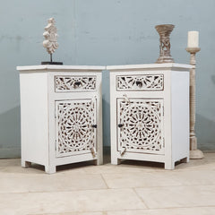 Indian Hand Carved Solid Wooden Bedside Table (Set Of 2) White Indian Hand Carved Solid Wooden Bedside Table (Set Of 2) White