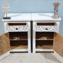 Indian Hand Carved Solid Wooden Bedside Table (Set Of 2) White Indian Hand Carved Solid Wooden Bedside Table (Set Of 2) White