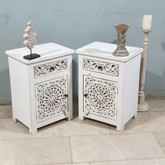 Indian Hand Carved Solid Wooden Bedside Table (Set Of 2) White Indian Hand Carved Solid Wooden Bedside Table (Set Of 2) White