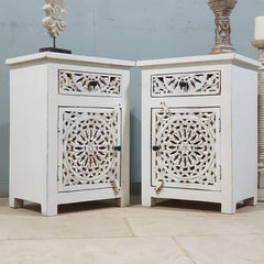 Indian Hand Carved Solid Wooden Bedside Table (Set Of 2) White Indian Hand Carved Solid Wooden Bedside Table (Set Of 2) White