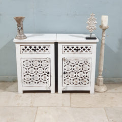 Indian Hand Carved Solid Wooden Bedside Table (Set Of 2) White Indian Hand Carved Solid Wooden Bedside Table (Set Of 2) White
