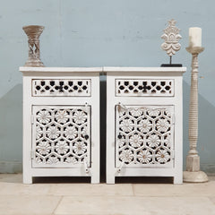 Indian Hand Carved Solid Wooden Bedside Table (Set Of 2) White Indian Hand Carved Solid Wooden Bedside Table (Set Of 2) White
