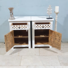 Indian Hand Carved Solid Wooden Bedside Table (Set Of 2) White Indian Hand Carved Solid Wooden Bedside Table (Set Of 2) White