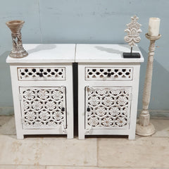 Indian Hand Carved Solid Wooden Bedside Table (Set Of 2) White Indian Hand Carved Solid Wooden Bedside Table (Set Of 2) White
