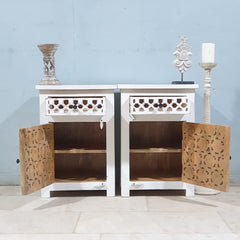 Indian Hand Carved Solid Wooden Bedside Table (Set Of 2) White Indian Hand Carved Solid Wooden Bedside Table (Set Of 2) White
