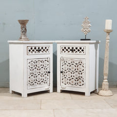 Indian Hand Carved Solid Wooden Bedside Table (Set Of 2) White Indian Hand Carved Solid Wooden Bedside Table (Set Of 2) White