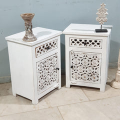 Indian Hand Carved Solid Wooden Bedside Table (Set Of 2) White Indian Hand Carved Solid Wooden Bedside Table (Set Of 2) White