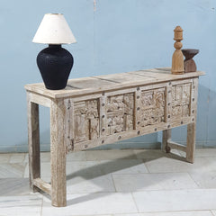 Handmade Carved Solid Hard Wood Old Door Console Table 150X45X92 CM Whitewash Handmade Carved Solid Hard Wood Old Door Console Table 150X45X92 CM Whitewash